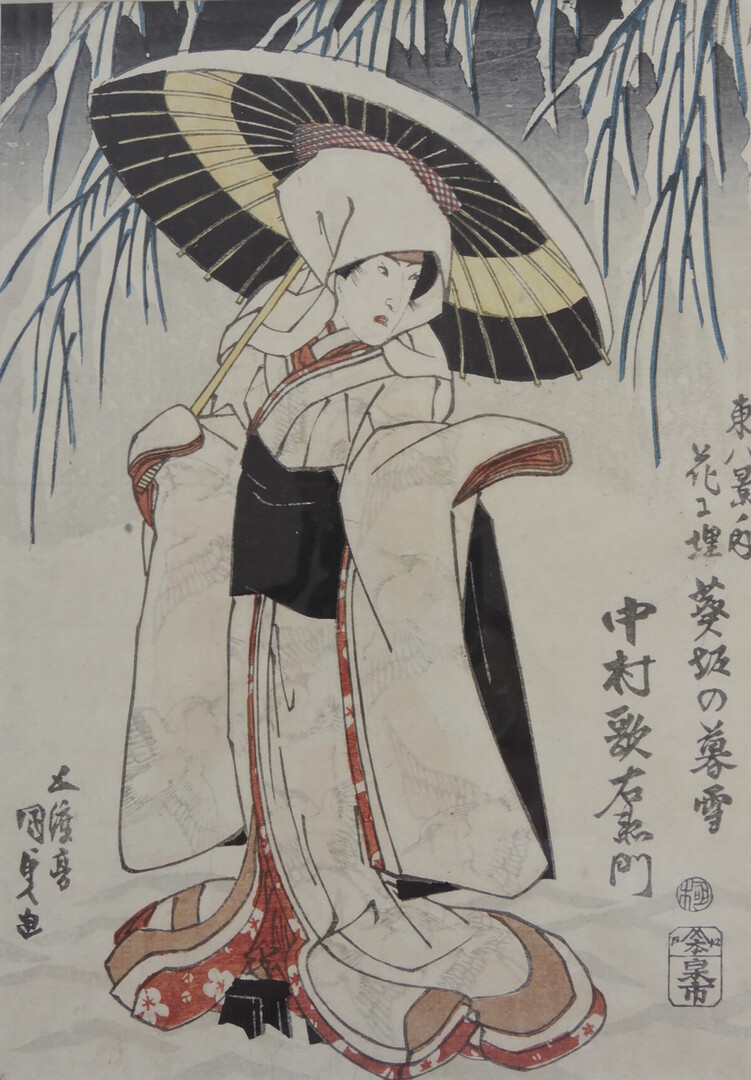 Kunisada UTAGAWA (1786-1865), L’Acteur de kabuki Nakamura Utaemon IV jouant la Jeune femme au Héron, série Huit Vues d’Edo, 1839, gravure sur bois, impression encouleur sur papier japonais, Châteaudun, musée des Beaux-Arts et d’Histoire naturelle, inv. 2010.0.1.240