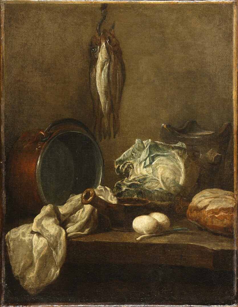 Jean Siméon Chardin (1699-1779), Nature morte avec chaudron, poêlon, fourneau, torchon, chou, deux œufs, poireau, pain et trois harengs, entre 1731 et 1733, inv. M.P.Lav.1894-139, collection Musée de Picardie, Amiens © Irwin Leullier/musée de Picardie