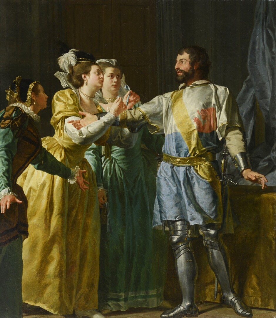 Nicolas-Guy Brenet, La Courtoisie du chevalier Bayard, 1783, huile sur toile, 74,50 × 63,50 cm (format d’origine modifié), Paris, collection Antoine Béal