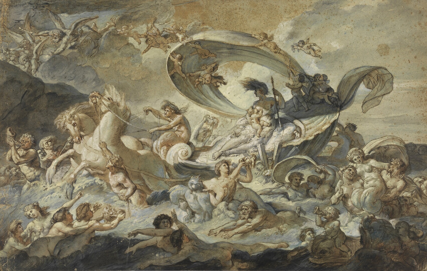 La Promenade de Téthys, 1787 Plume et encre brune, lavis brun et gris, rehauts de gouache, d’aquarelle et de sanguine, sur traces de pierre noire reprises à la plume et encre noire, sur papier vergé beige, 39,7 x 62,9 cm © Vevey, collection particulière, en dépôt au musée Jenisch – Centre national du dessin