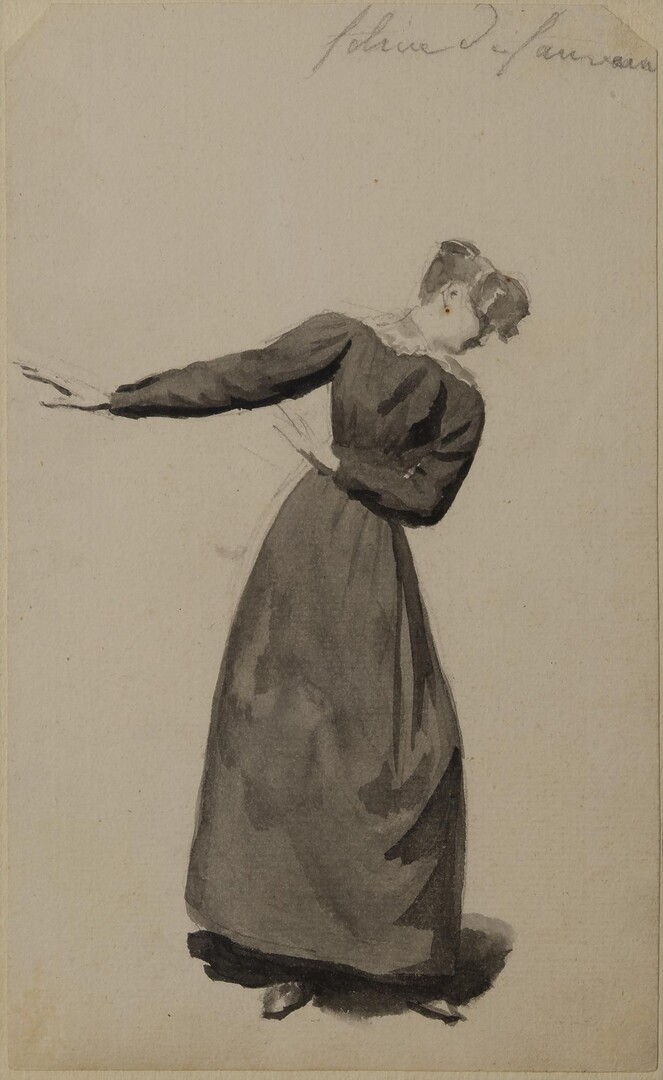 Camille Chenou, née Levesque (1795- 1862), Félicie de Fauveau debout, vers 1825, crayon graphite et lavis d’encre noire, 15x10,6 cm et 18,6x11,6 cm, inv. 2025.25.8
