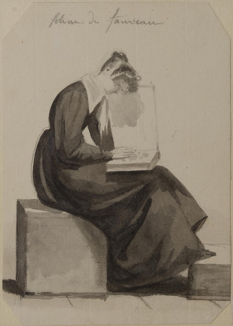 Camille Chenou, née Levesque (1795- 1862), Félicie de Fauveau regardant un album, vers 1825, crayon graphite et lavis d’encre noire, 15x10,6 cm et 18,6x11,6 cm, inv. 2025.25.9