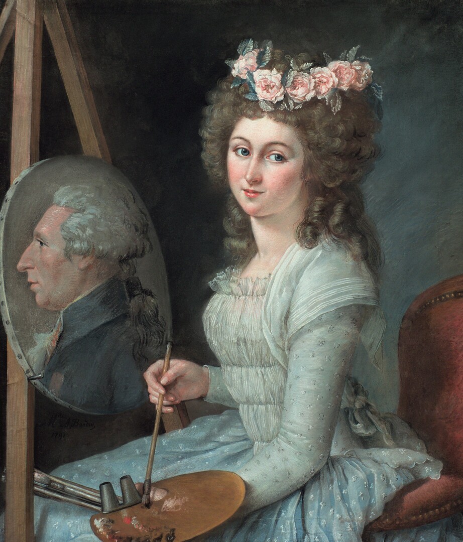 Ambroise Marguerite Bardin, épouse Mollière (Charmentray, 1768 – Paris, 1842) - Autoportrait de l’artiste peignant son père, le peintre Jean Bardin, 1791 Pastel sur papier marouflé sur toile, 76,3 × 66,2 cm © Orléans, musée des Beaux-Arts