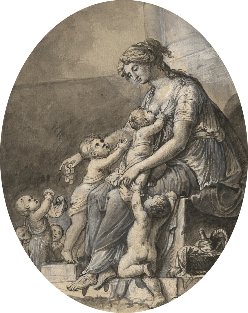 La Charité, vers 1800 Plume et encre noires, lavis gris, rehauts de gouache blanche sur papier vergé, 18,5 × 18,5 cm (ovale) © Orléans, musée des Beaux-Arts
