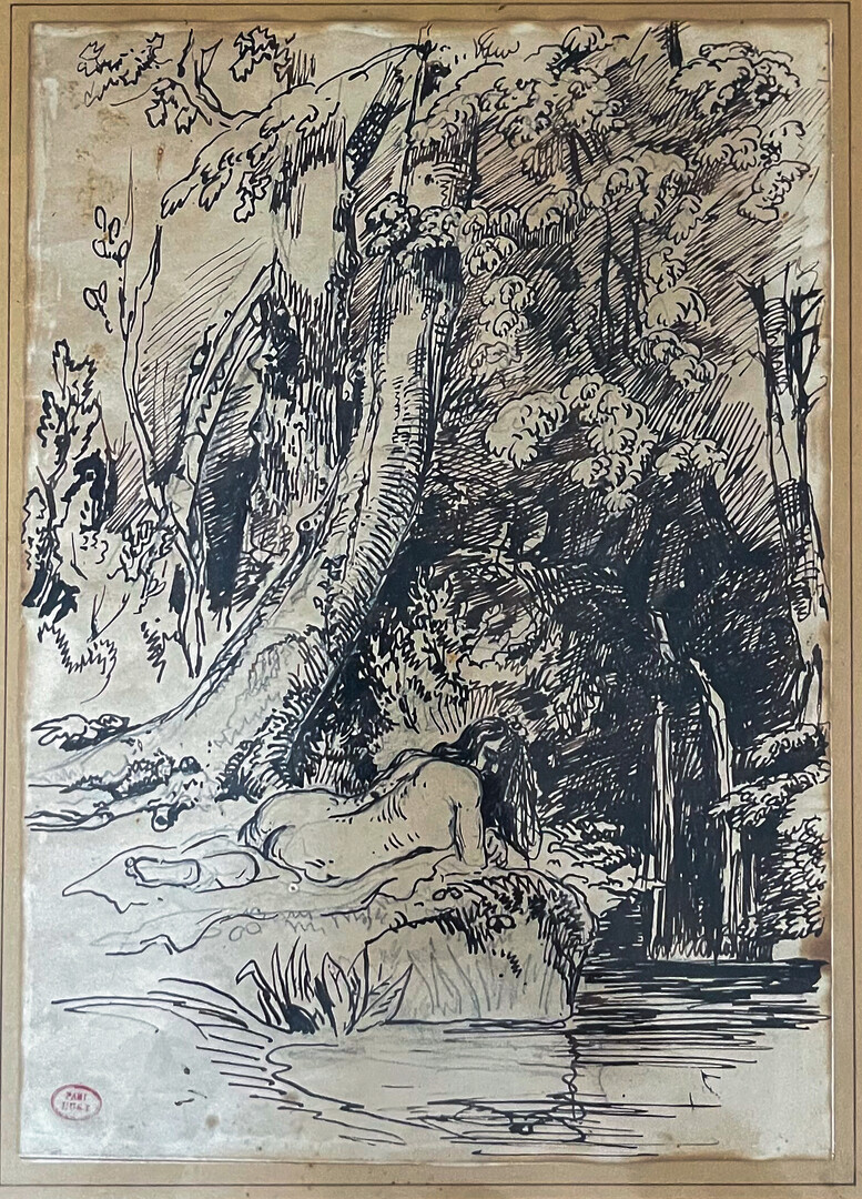 Paul Huet (Paris, 1803-1869), Nu dans un sous-bois, années 1860, encre et crayon graphite sur papier, 29x20,5 cm, inv. 2025.25.6, don en mémoire de Georges Heilbrun
