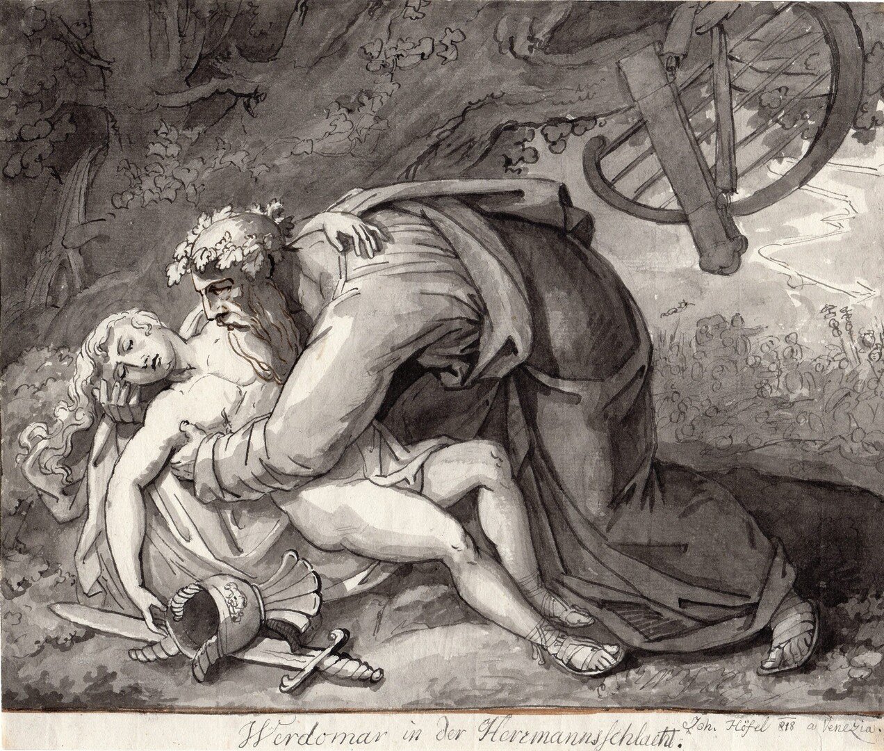 Johann Nepomuk Höfel (Oven, 1788 – Vienne, 1864), La Mort d’Herman, 1818, lavis et encre grise, 26,5 x 22,5 cm, inv. 2025.25.5