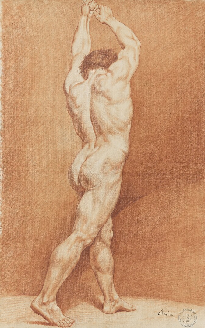 Homme debout de dos, bras levés, 1765-1768 Sanguine sur papier beige. 53,9 × 39,3 cm © Paris, Beaux-Arts de Paris