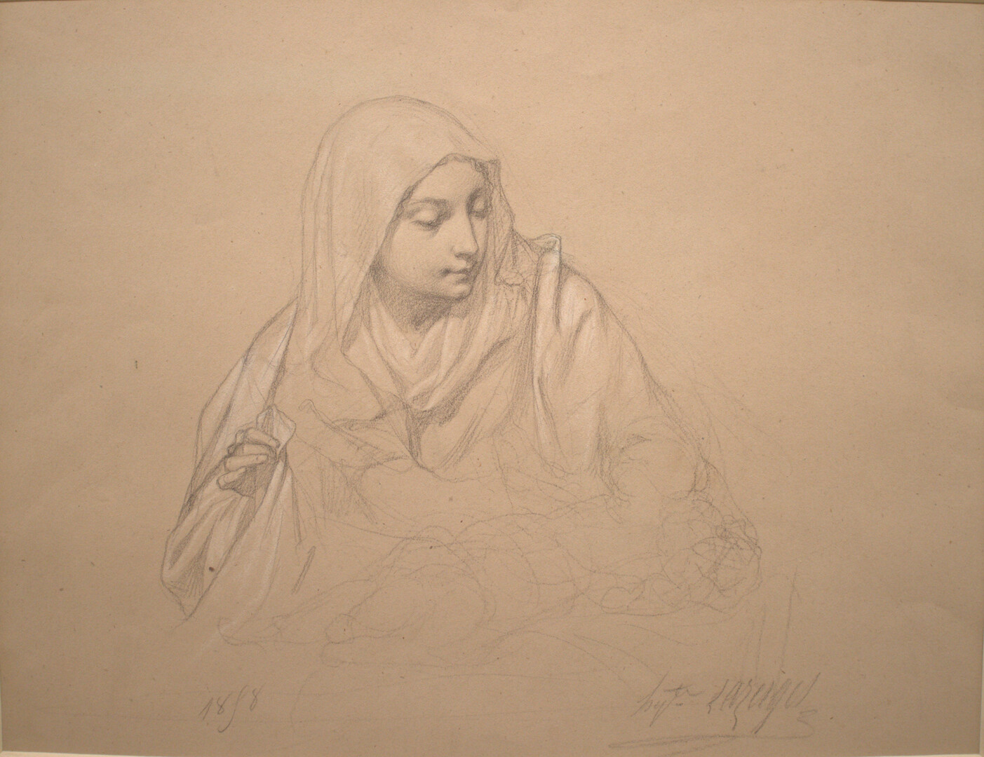 Hippolyte Lazerges (1817–1887), Etude de Vierge à l’Enfant, 1858, crayon graphite et rehauts de blanc, 21x26,5 cm, inv. 2025.25.7