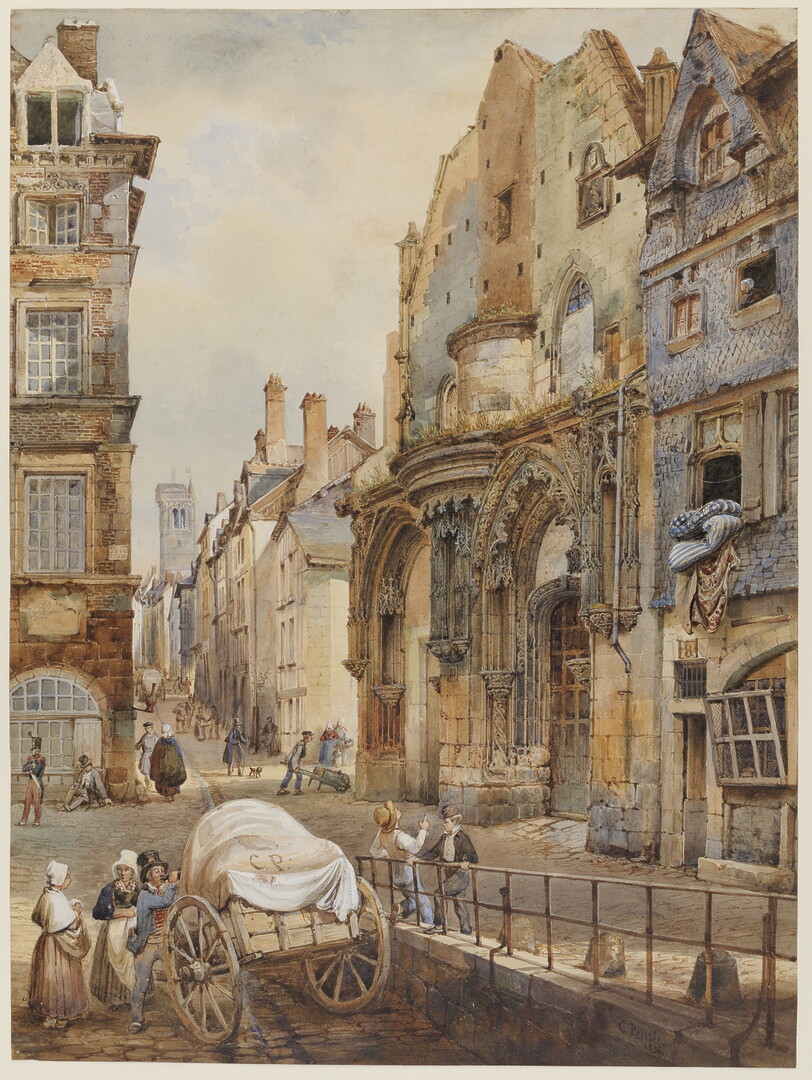Charles Pensée (1799-1871), Vue de la façade de l’église Saint Jacques à Orléans, 1836, rehauts de gouache, crayon graphite, aquarelle sur papier, inv. 12062