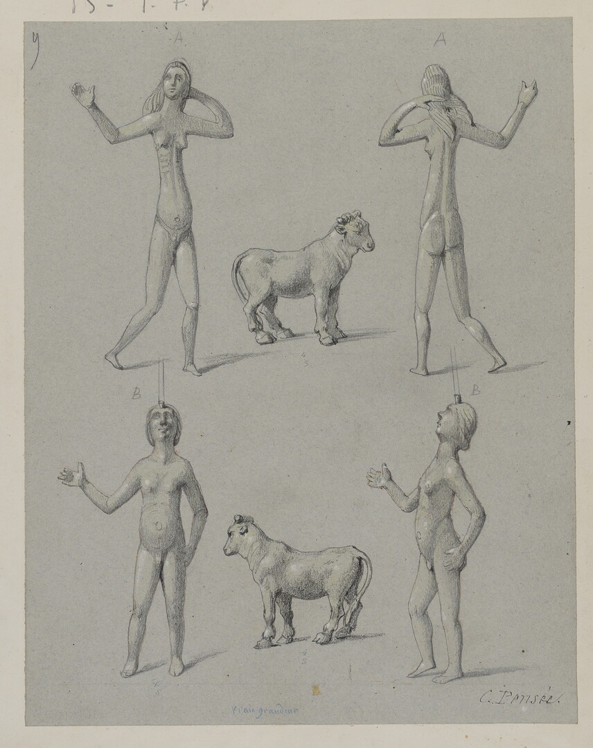 Charles Pensée (1799-1871), Diverses statuettes de Neuvy-en-Sullias, entre 1861 et 1864, craie, crayon graphite, crayon de couleur sur papier gris, inv. 2013.7.17